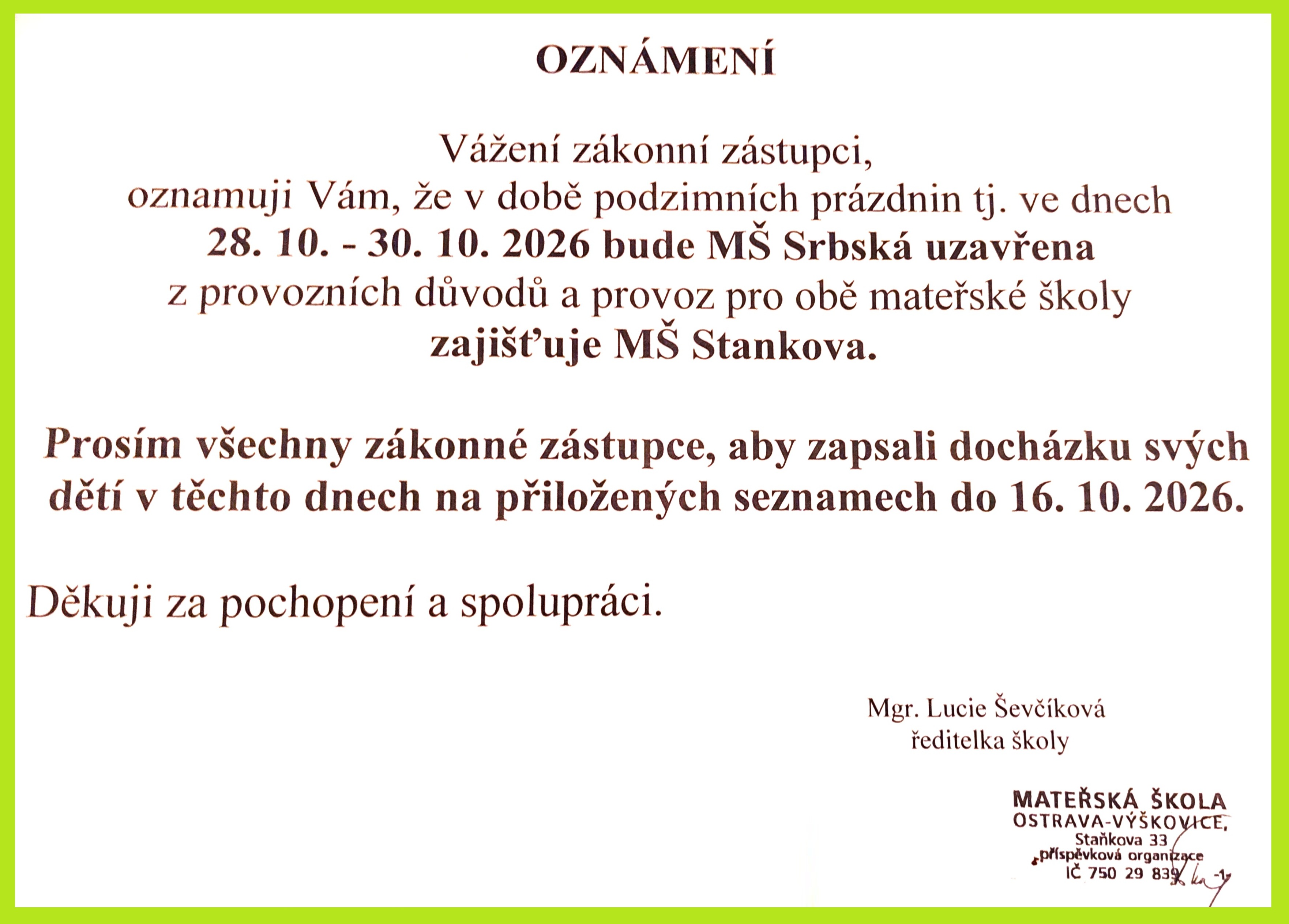 Oznámení - podzimní prázdniny 2026 Oznámení - podzimní prázdniny 2026
